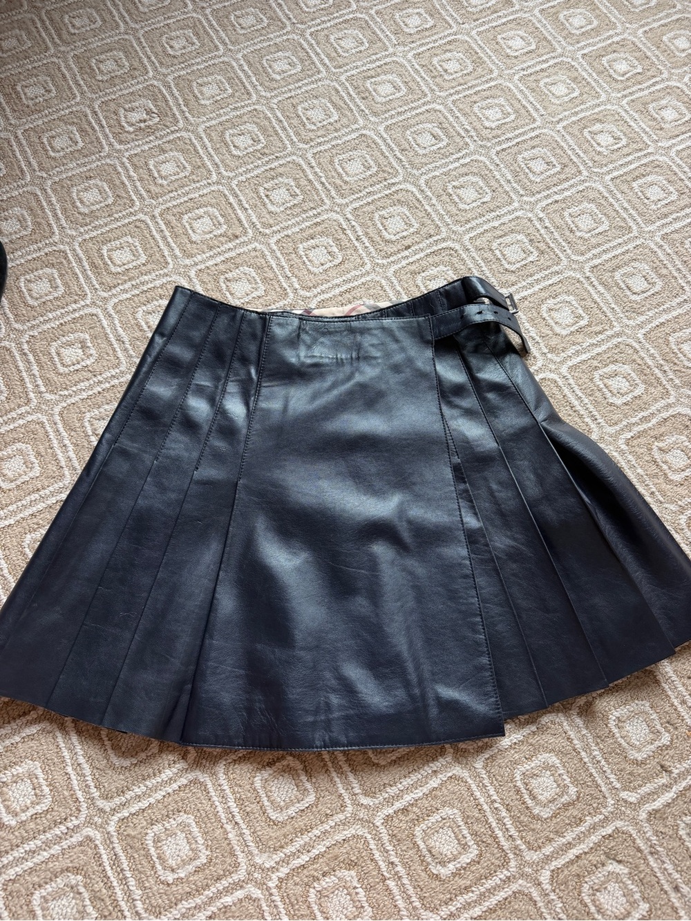 Black Burberry Leather Pleated Mini Skirt